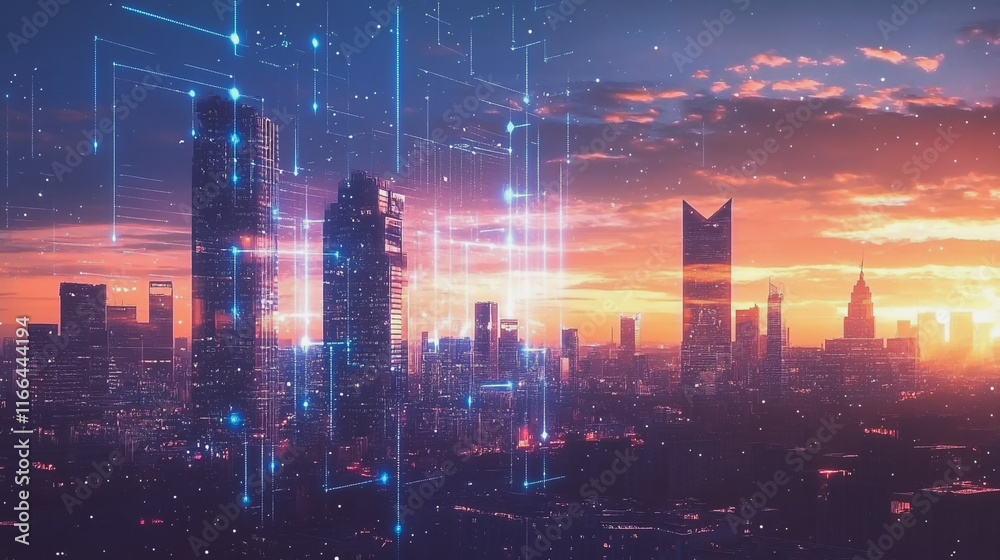 Fototapeta premium Smart Innovation city with connection cyber security network reciprocity over the sunset cityscape future wireless digital city and social media networking systems that connects people in the city