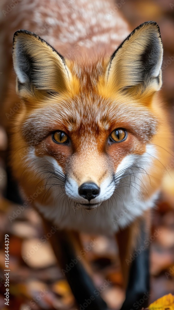 Fototapeta premium A close-up of a red fox with striking fur and expressive eyes amidst autumn leaves.