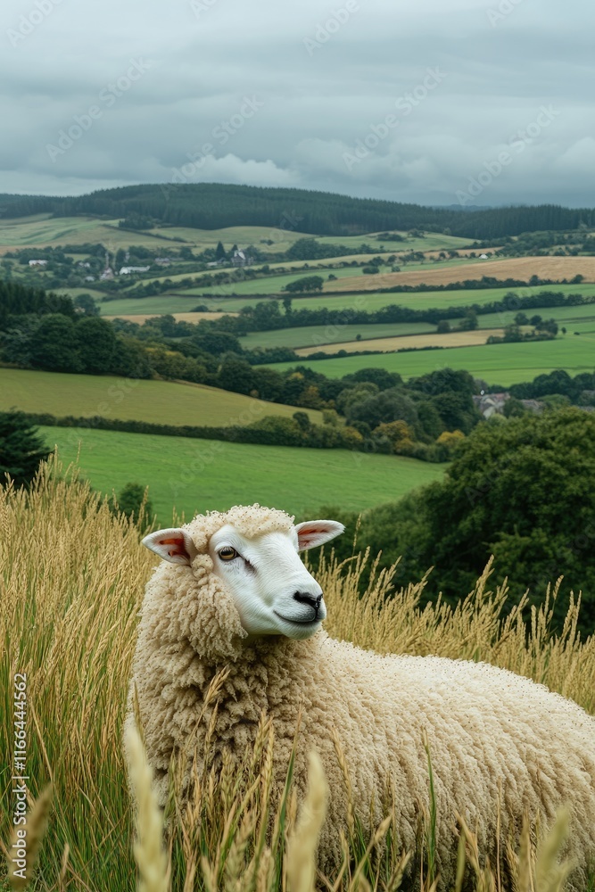 Fototapeta premium A sheep stands in a grassy field with rolling hills and overcast skies in the background.