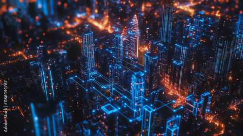 Smart Innovation city with connection cyber security network reciprocity over the sunset cityscape future wireless digital city and social media networking systems that connects people  in the city