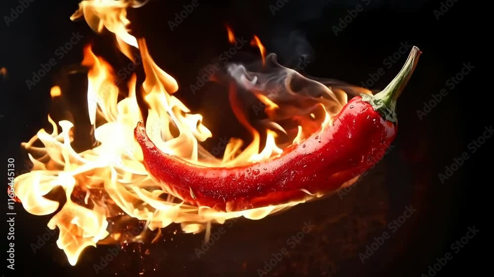 A red pepper is shown in a fiery blaze, with smoke and ash surrounding it. Concept of heat and intensity, as if the pepper is being consumed by flames