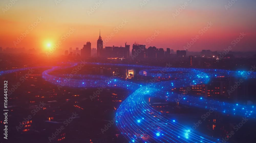 Obraz premium Smart Innovation city with connection cyber security network reciprocity over the sunset cityscape future wireless digital city and social media networking systems that connects people in the city