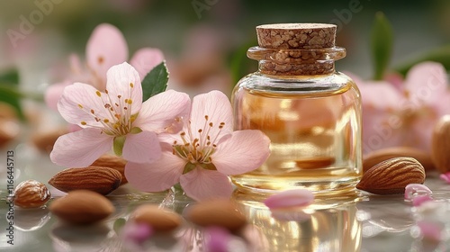 Almond oil bottle with blossoms, nuts, and petals on a reflective surface outdoors.