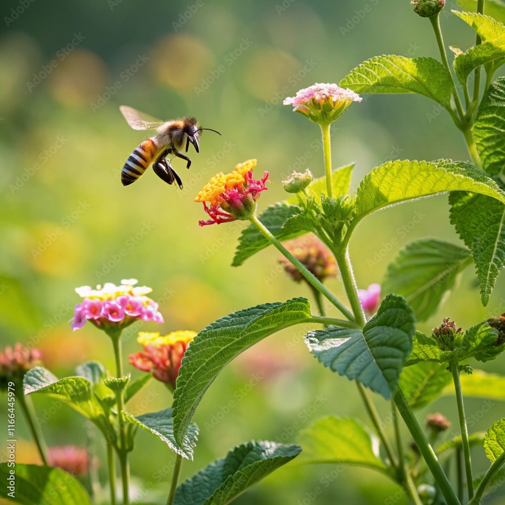 Nature summer Background with Bee collects nectar Nature summer Background with Bee collects nectar