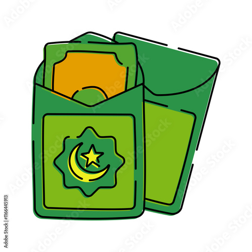 A green envelope containing money, often given as part of Eid al-Fitr celebrations.