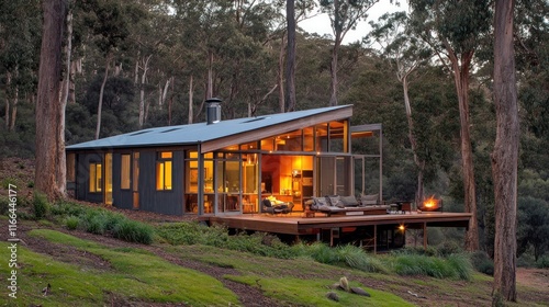 Modern house nestled in a forest, featuring large windows and a wooden deck for relaxation.