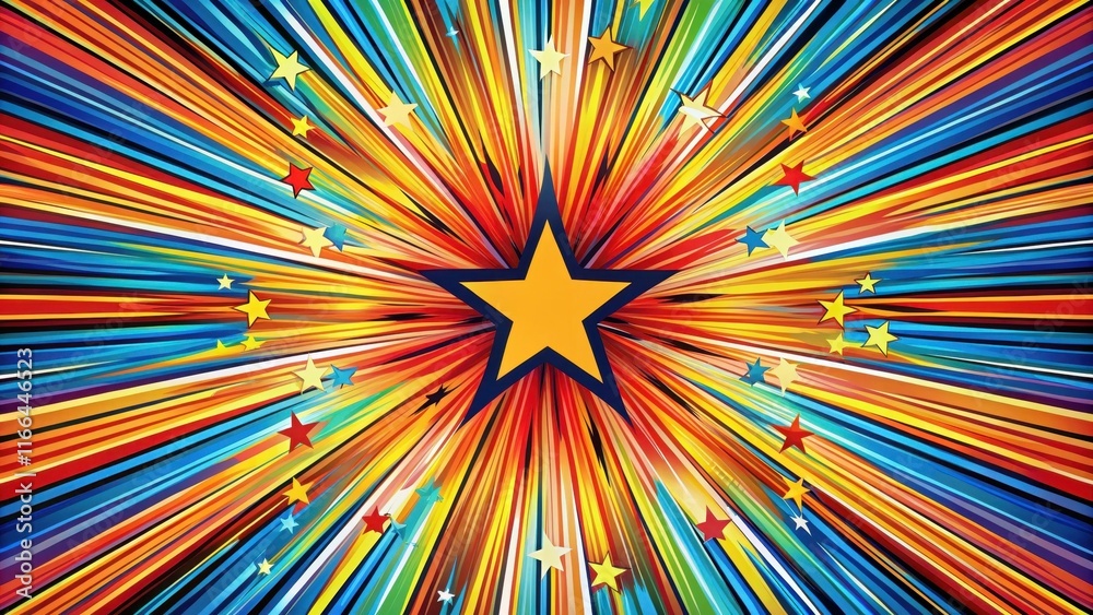 Vibrant Starburst Background with Multicolored Rays and Scattered Stars Vibrant Starburst Background with Multicolored Rays and Scattered Stars