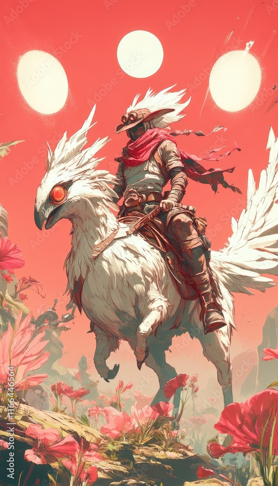 Fototapeta A warrior rides a majestic white creature in a vibrant, fantastical landscape filled with flowers.