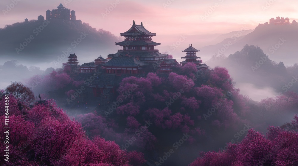 Serene Temple Amidst Misty Cherry Blossoms Mountains Serene Temple Amidst Misty Cherry Blossoms Mountains