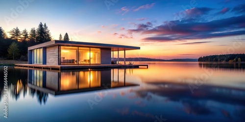Wallpaper Mural Serene Lakeside Modern Home at Sunset Reflecting in Calm Waters Torontodigital.ca