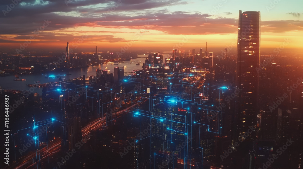 Fototapeta premium Smart Innovation city with connection cyber security network reciprocity over the sunset cityscape future wireless digital city and social media networking systems that connects people in the city