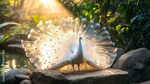A albino peacock displays its feathers in a serene, sunlit environment.