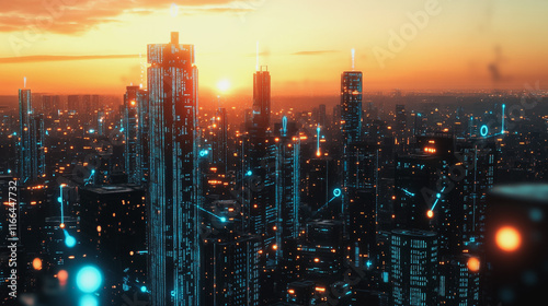 Wallpaper Mural Smart Innovation city with connection cyber security network reciprocity over the sunset cityscape future wireless digital city and social media networking systems that connects people  in the city Torontodigital.ca