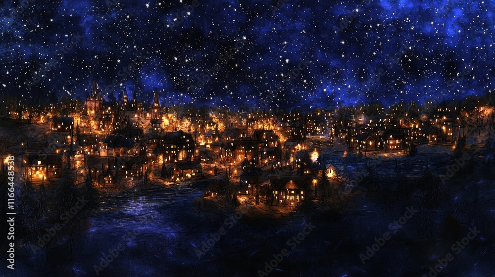 Naklejka premium Magical Snowy Village Night Scene Winter Wonderland Stars Cozy Houses Festive Lights