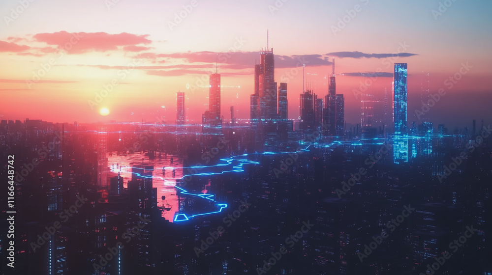 Fototapeta premium Smart Innovation city with connection cyber security network reciprocity over the sunset cityscape future wireless digital city and social media networking systems that connects people in the city