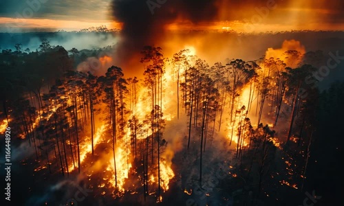 Aerial view of a forest engulfed in flames during a wildfire, showcasing environmental devastation.