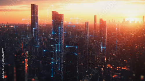 Wallpaper Mural Smart Innovation city with connection cyber security network reciprocity over the sunset cityscape future wireless digital city and social media networking systems that connects people  in the city Torontodigital.ca