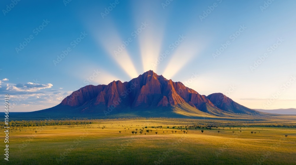 Majestic mountain with sun rays illuminating the landscape.