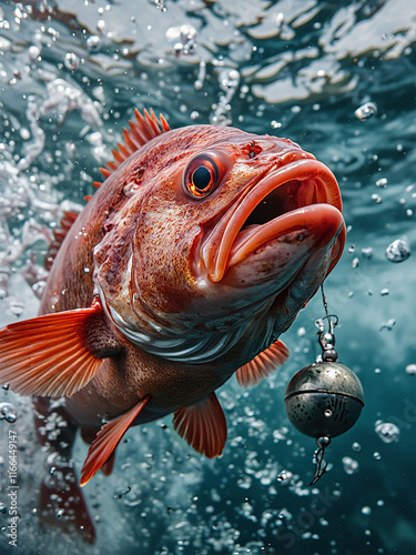 Ruby snapper fish swimming and devouring fishing bait photo