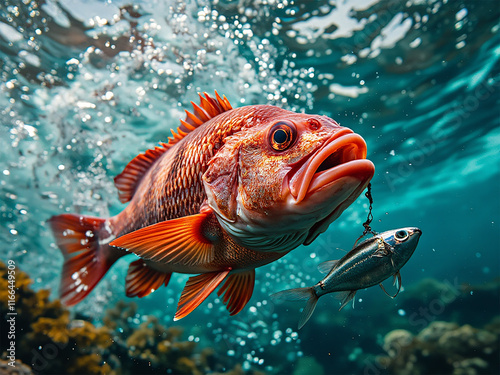 Ruby snapper fish swimming and devouring fishing bait