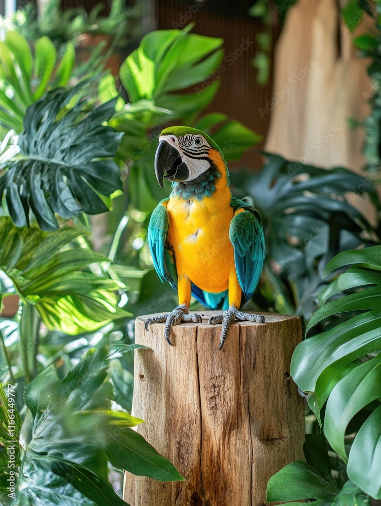 A vibrant parrot perched on a wooden stump amidst lush green foliage. A vibrant parrot perched on a wooden stump amidst lush green foliage.