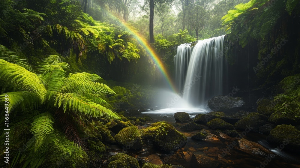 A serene waterfall surrounded by lush greenery and a rainbow, showcasing nature's beauty. A serene waterfall surrounded by lush greenery and a rainbow, showcasing nature's beauty.