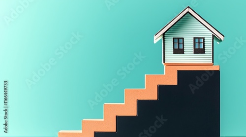 A whimsical illustration of a small house perched atop ascending stairs against a teal background, suggesting growth or progress in homeownership.