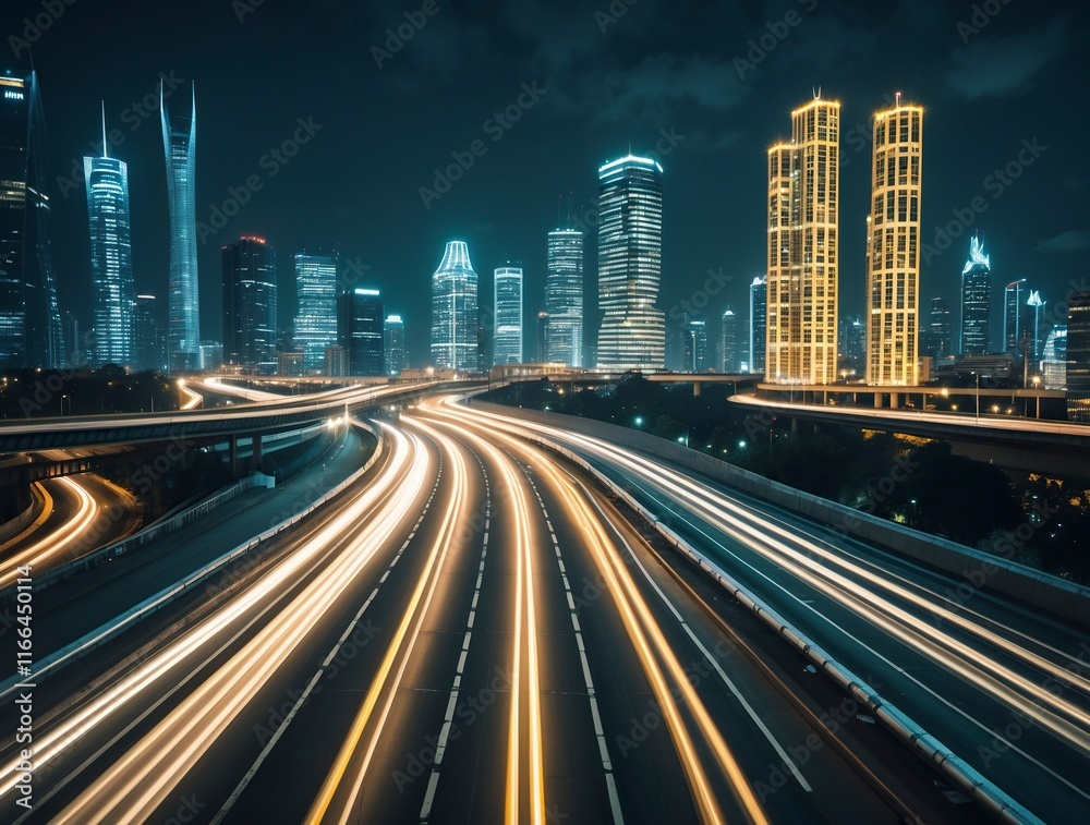 bustling highway in a modern city at night, streaks of car lights creating a dynamic flow, illuminated skyscrapers in the background, bustling highway in a modern city at night, streaks of car lights creating a dynamic flow, illuminated skyscrapers in the background,