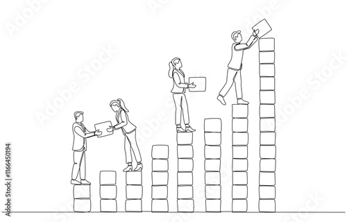 Continuous one line drawing of business team members arranging wooden cubes to form ascending bar chart, teamwork and cooperation for business growth concept, single line art