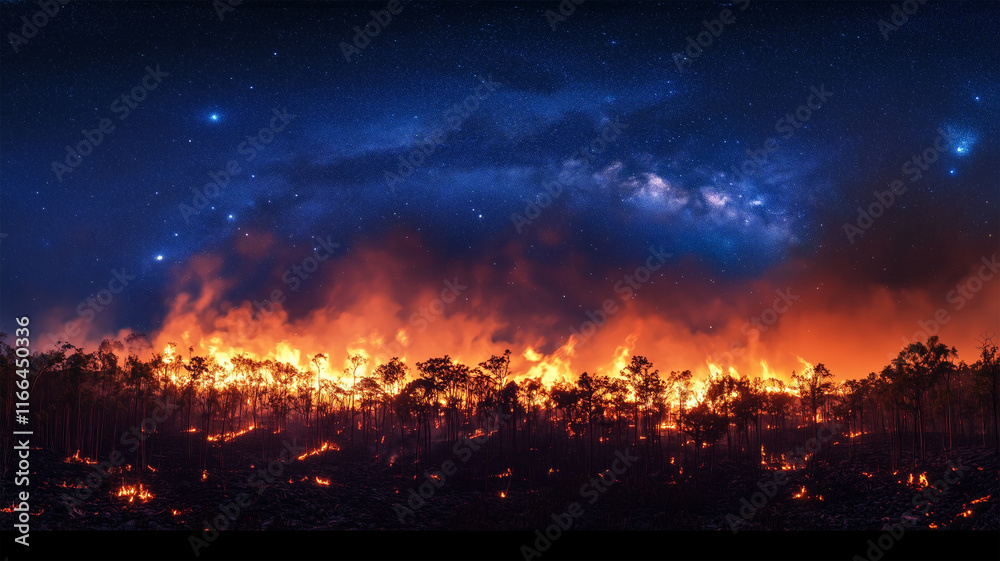 森を照らす巨大な炎と星空の壮大な夜 森を照らす巨大な炎と星空の壮大な夜