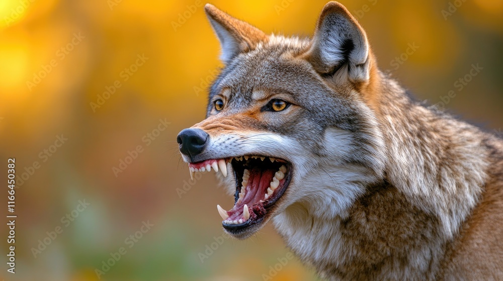 Obraz premium A fierce coyote snarling with a blurred autumn background.