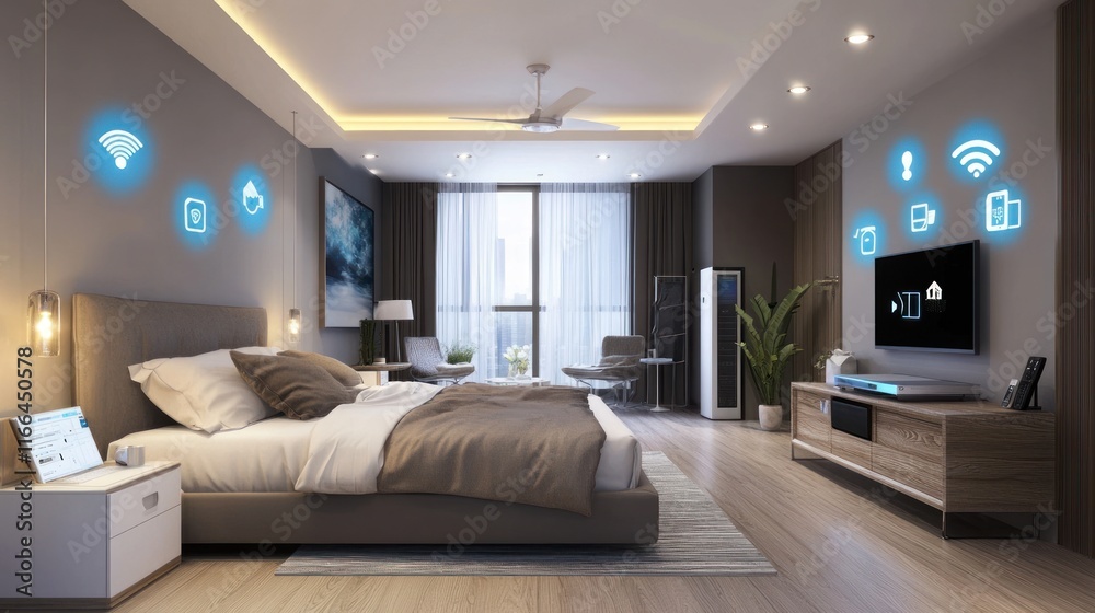 Modern bedroom with smart technology features and a cozy atmosphere. Modern bedroom with smart technology features and a cozy atmosphere.