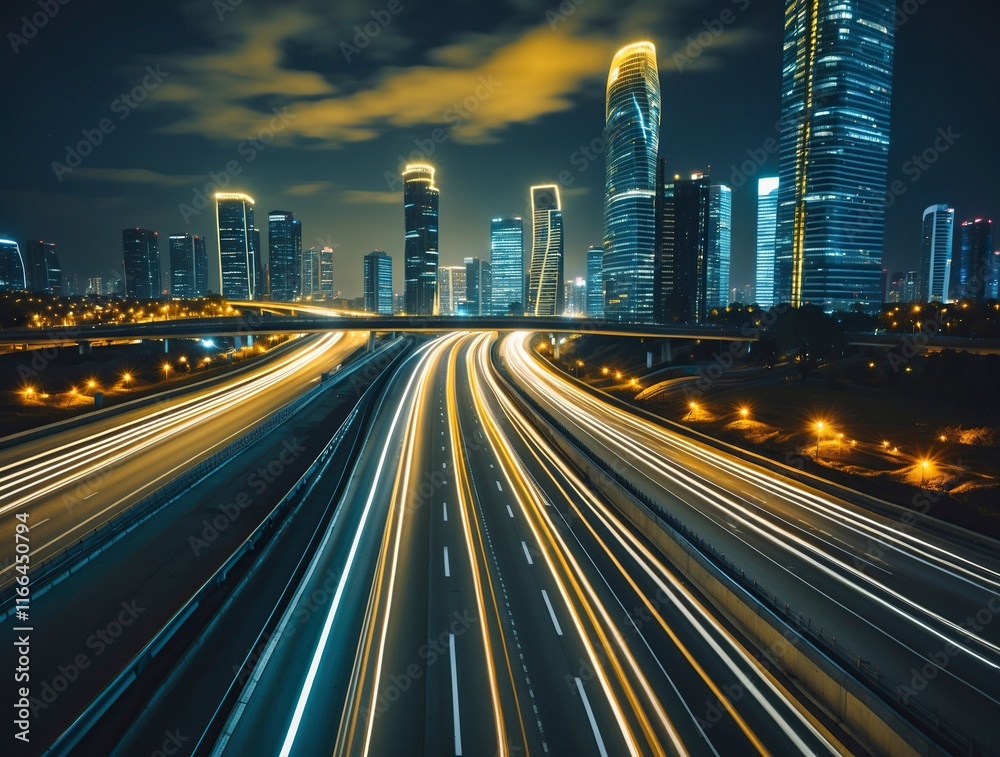 Obraz premium bustling highway in a modern city at night, streaks of car lights creating a dynamic flow, illuminated skyscrapers in the background, 