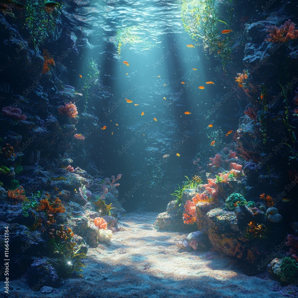 Naklejka premium Sunlit Underwater Cave Vibrant Coral Reef Marine Life 8K