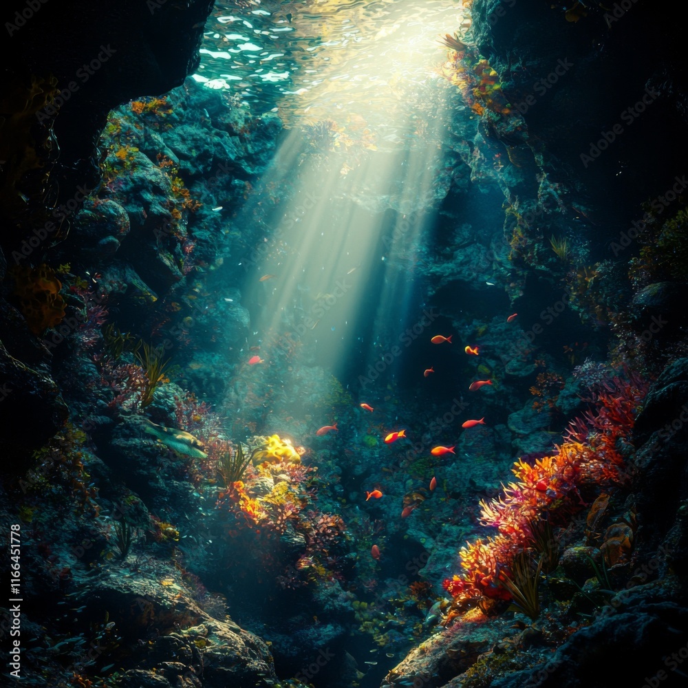 Fototapeta premium Sunlit Underwater Cave Vibrant Coral Reef Marine Life 8K