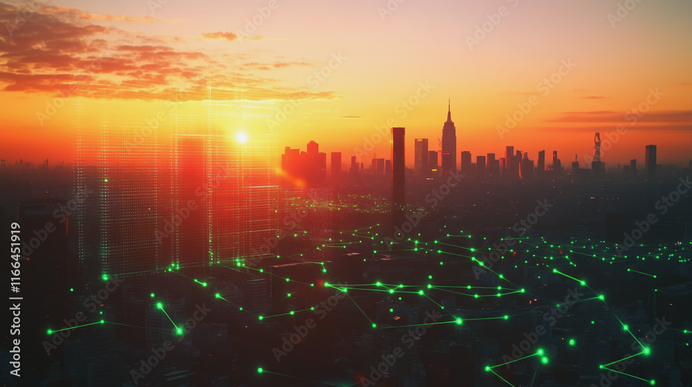 Naklejka premium Smart Innovation city with connection cyber security network reciprocity over the sunset cityscape future wireless digital city and social media networking systems that connects people in the city