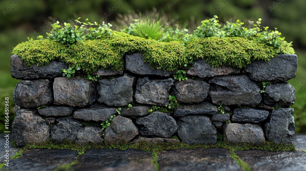 Stone wall covered with lush greenery and plants. Stone wall covered with lush greenery and plants.