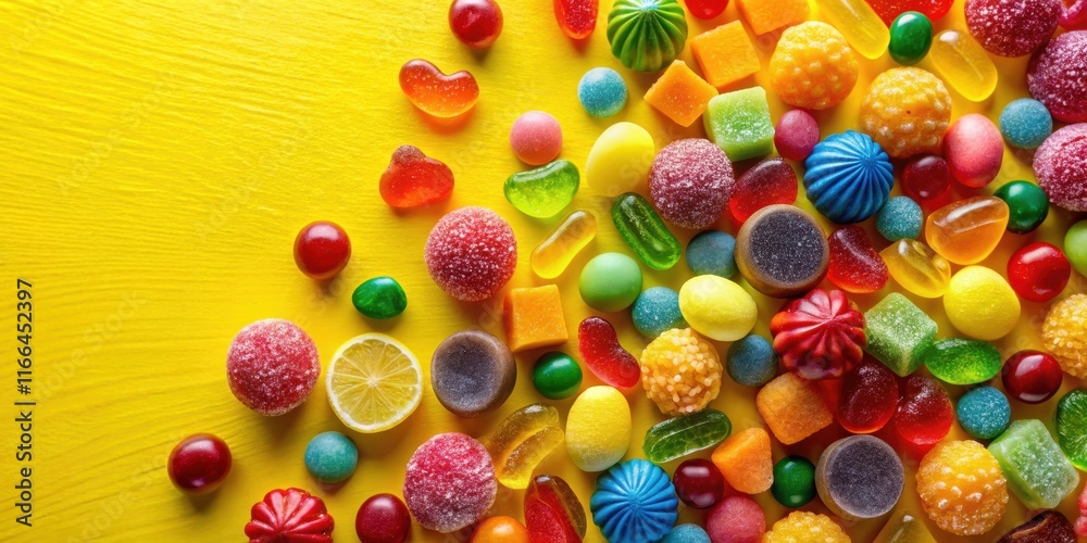 Fototapeta premium A vibrant assortment of colorful candies and sweets on a bright yellow background