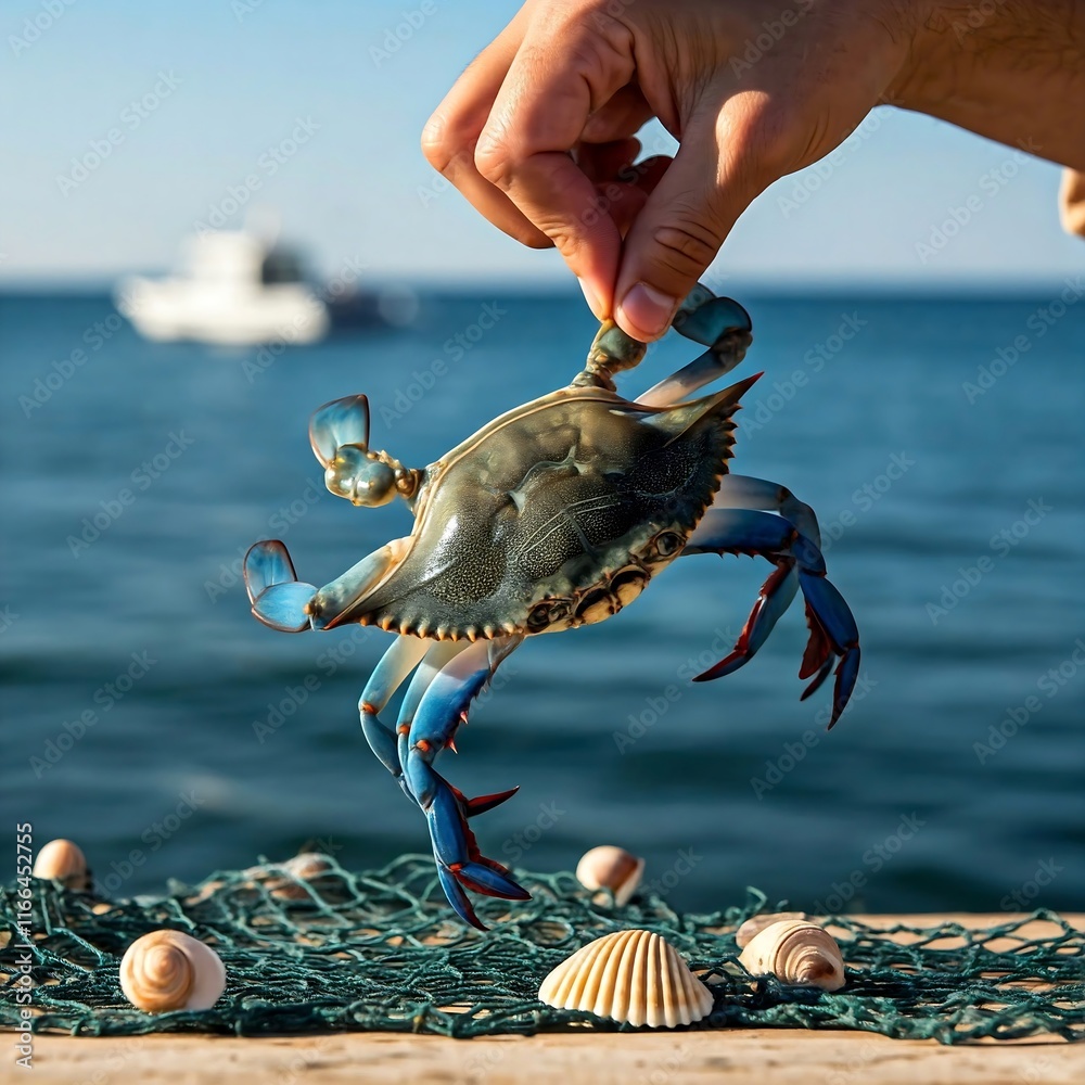 A small crab held by a hand near a fishing boat, set against a picturesque blue sea background ready to release , environment A small crab held by a hand near a fishing boat, set against a picturesque blue sea background ready to release , environment