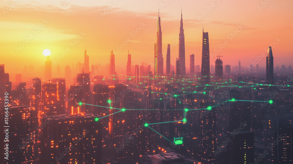 Fototapeta premium Smart Innovation city with connection cyber security network reciprocity over the sunset cityscape future wireless digital city and social media networking systems that connects people in the city