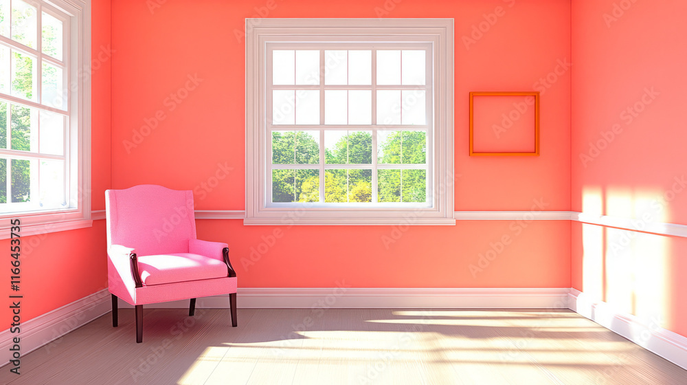 Fototapeta premium explore pastel minimalist interior featuring coral walls and a pink armchair under natural light with vibrant orange frame and light wood flooring in a modern calming room design