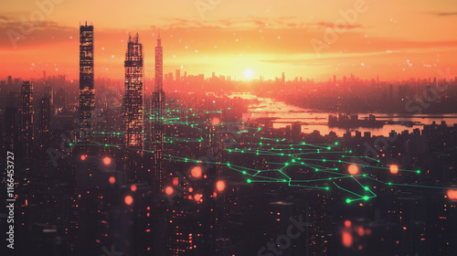 Wallpaper Mural Smart Innovation city with connection cyber security network reciprocity over the sunset cityscape future wireless digital city and social media networking systems that connects people  in the city Torontodigital.ca