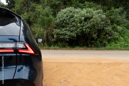 Rear view of a dark blueblack car parked on a dirt shoulder next to a paved road. Green foliage forms the background. Car taillights are visible. photo