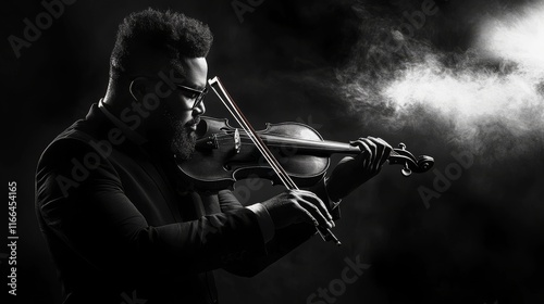 A dramatic black-and-white image of a musician passionately playing the violin, enveloped in swirling smoke, capturing a moment of artistic intensity.