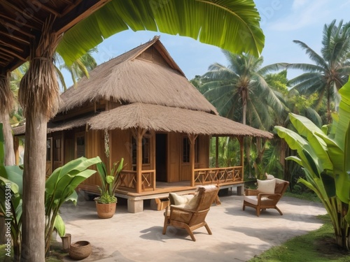 A trasditional style wooden house with a veranda and wooden chairs, surrounded by banana trees photo