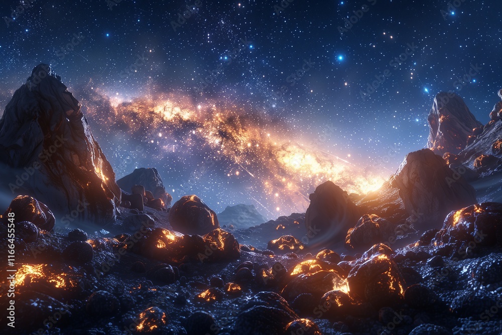 Naklejka premium A breathtaking view of an alien landscape illuminated by stars and glowing rocks under a cosmic sky.