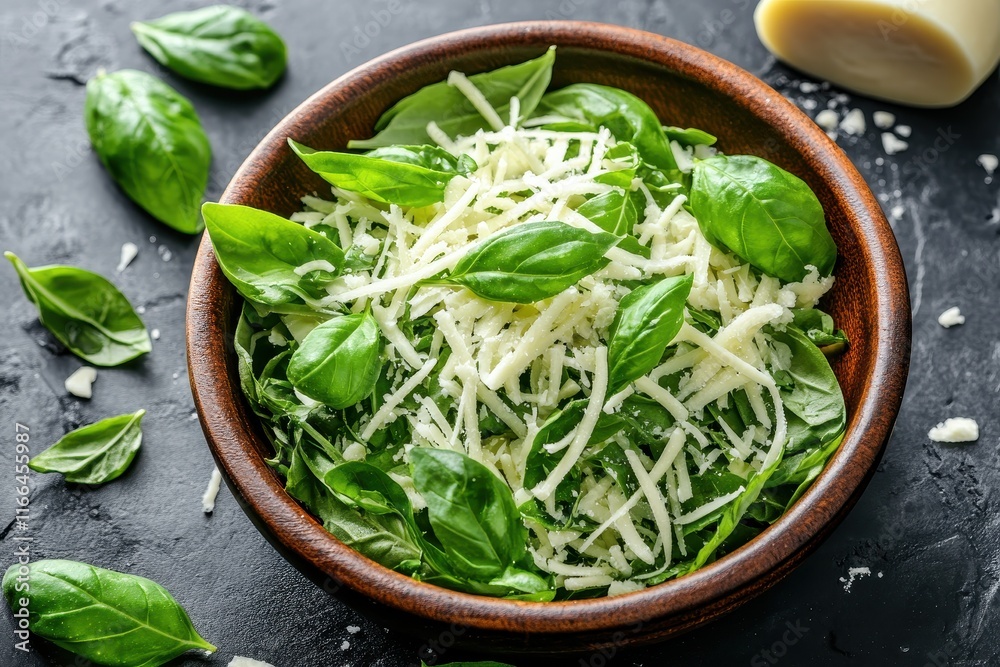 Fresh basil leaves and grated parmesan cheese in a bowl. Perfect for adding to pasta dishes or salads for extra flavor. Fresh basil leaves and grated parmesan cheese in a bowl. Perfect for adding to pasta dishes or salads for extra flavor.