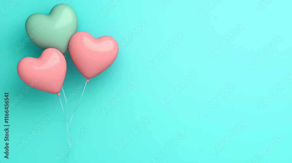 Heart shaped balloons in pastel colors on turquoise background Heart shaped balloons in pastel colors on turquoise background