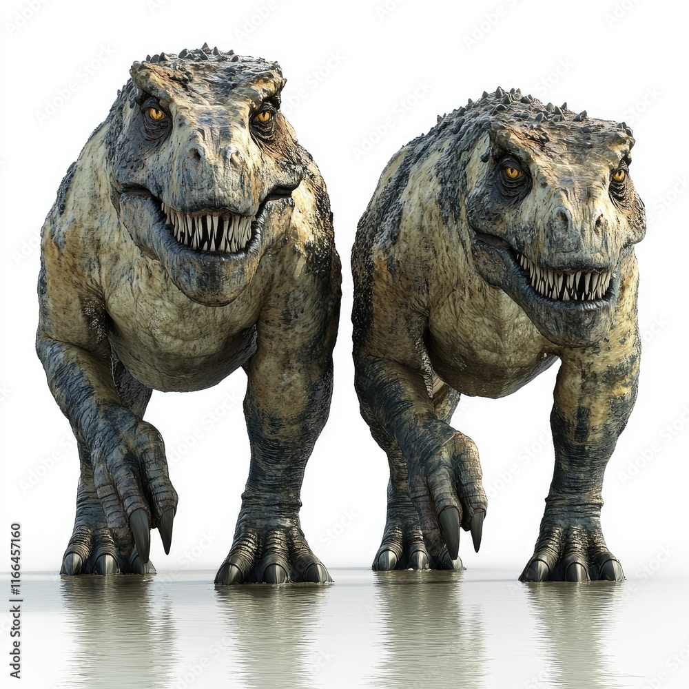 Fototapeta premium Two realistic dinosaur models standing in a reflective surface.