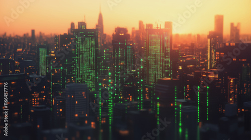 Smart Innovation city with connection cyber security network reciprocity over the sunset cityscape future wireless digital city and social media networking systems that connects people  in the city